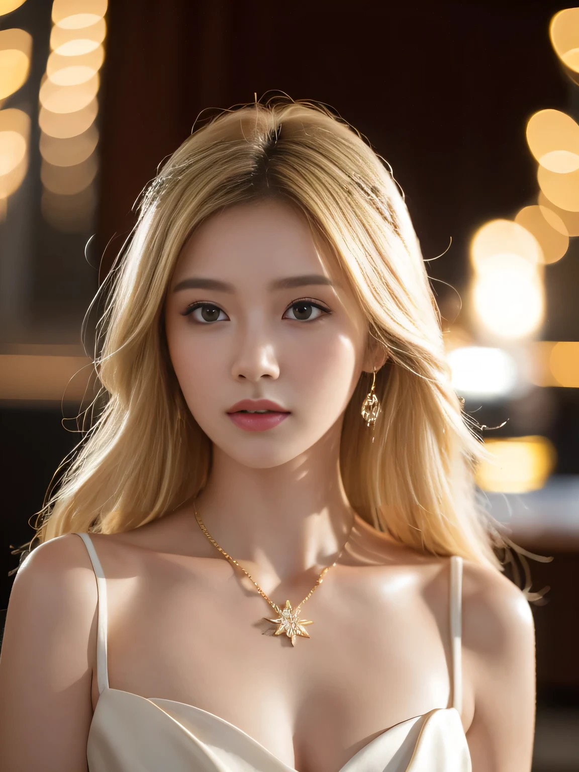 best quality, masterpiece, highres, 1girl,china dress,hair ornament,necklace, jewelry,Beautiful face,upon_body, tyndall effect,photorealistic, dark studio, rim lighting, two tone lighting,(high detailed skin:1.2), 8k uhd, dslr, soft lighting, high quality, volumetric lighting, candid, Photograph, high resolution, 4k, 8k, Bokeh, blonde hair,