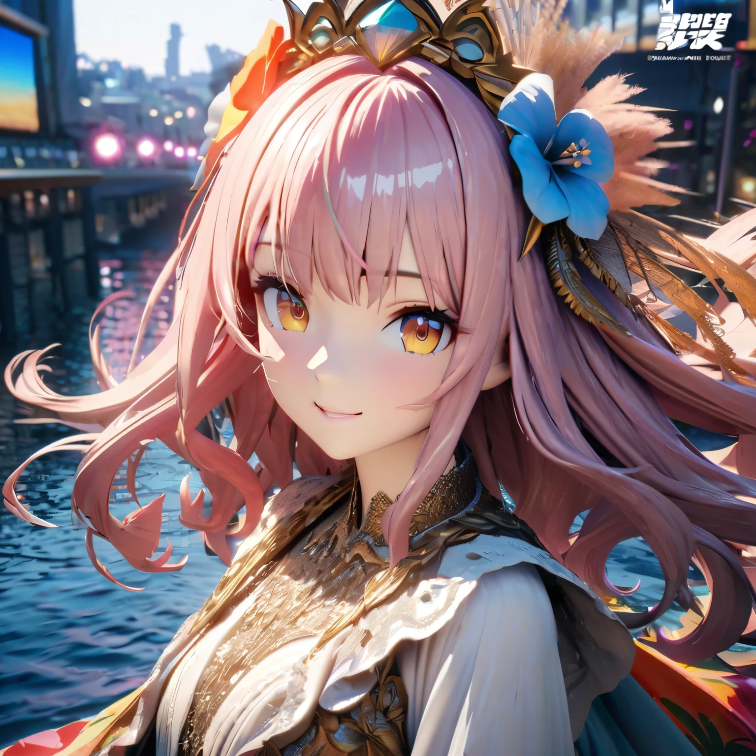 Masterpiece, Best Quality, High Definition, High Resolution, Expensive Resolution, High Definition, 4K, 8k, Unity 8k Wallpaper, High Definition CG, Masterpiece, Real, 2D, 3D, Beautiful Details, Depth, Fine Texture, Super Quality: 1.3 , create an anime-style illustration of a character wearing an elaborate Hawaiian dress decorated with flowers and jewels, with perfect concentration and a bright night beach background. Draw a close-up of the upper body. {{The dress should have multiple layers and a special treatment of ruffles, with gemstones of different colors embedded throughout. }} , The character's pink hair should be long and flowing to complement the intricate design of the dress. The cityscape at night should also be vivid. The streets are lit up in different colors and buzz with lights indicating an active nightlife. Includes light reflections from buildings in the bodies of water in between.With a smile