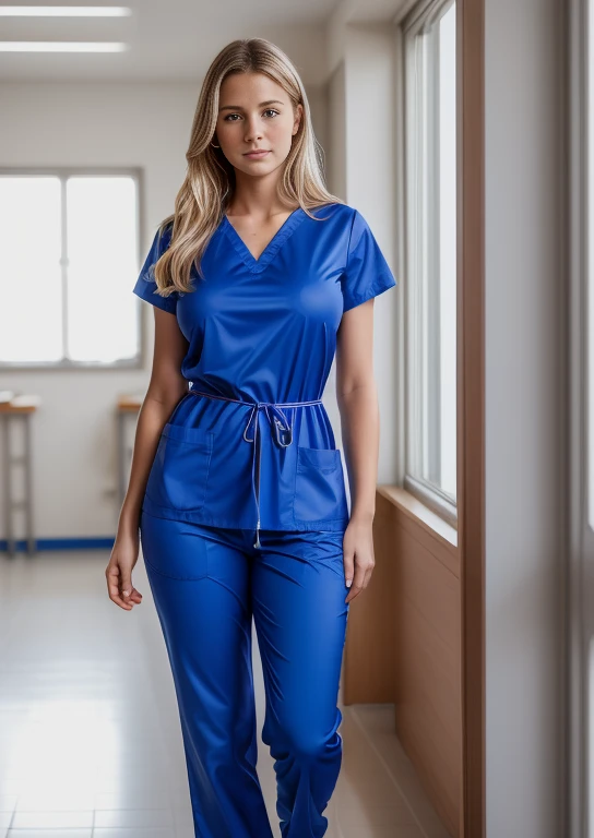 ((One Scandanavian, large breasts, untoned body, thick,16 year old nurse in a royal blue nurse scrub top, royal blue tight scrub pants, large breasts, working at hospital, normal waist and hips)), (Laia Manzanares) (Tween model, 16 years old, young)), Ethereal beautiful, , blond hair, blue eyes,   Soft light, ((David Hamilton Style)), full body picture, masterpiece, Best Quality, Photorealistic, 8K, High resolution, Detailed skin, 8K UHD, Digital SLR, Soft lighting, High quality, Film grain, FUJI XT3,