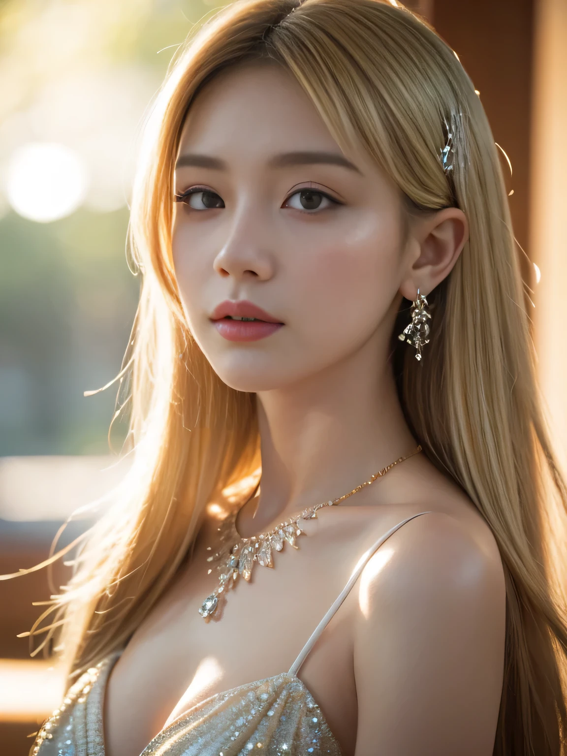 best quality, masterpiece, highres, 1girl,china dress,hair ornament,necklace, jewelry,Beautiful face,upon_body, tyndall effect,photorealistic, dark studio, rim lighting, two tone lighting,(high detailed skin:1.2), 8k uhd, dslr, soft lighting, high quality, volumetric lighting, candid, Photograph, high resolution, 4k, 8k, Bokeh, blonde hair,  