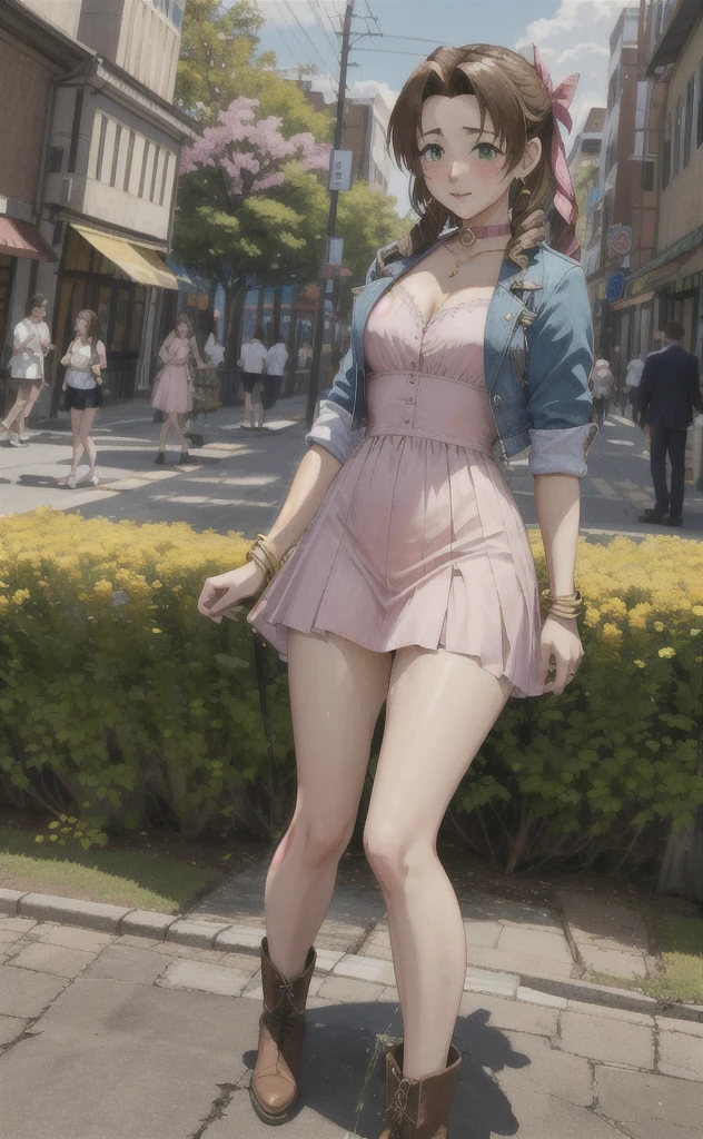 [nudity, explicit] a3r1th, aerith multi view upper body, upskirt panties view, legs together, a3r1th, peeing, peeing herself, her own urine is trickling down her legs, perfect female figure, Aerith Gainsborough, holding small flower basket, peeing down her legs, green eyes, surrounded by other people, standing in very busy midgar city street, sunny, choker, cropped jacket, hair bow, bracelet, long pink dress, brown ankle boots, looking down nervously, shy, embarrassed, aroused, shocked, panicking, worried, outdoors, a small puddle of her own urine is forming around her feet on the dry ground, very desperate to pee, wetting herself, urination, legs crossed,  face, full-face blush, high detail, Realism, Hyperrealism, three sided view, multiple views, perspective, ccurate, masterpiece, highres, UHD, anatomically correct, super detail, best quality, highres, 8k