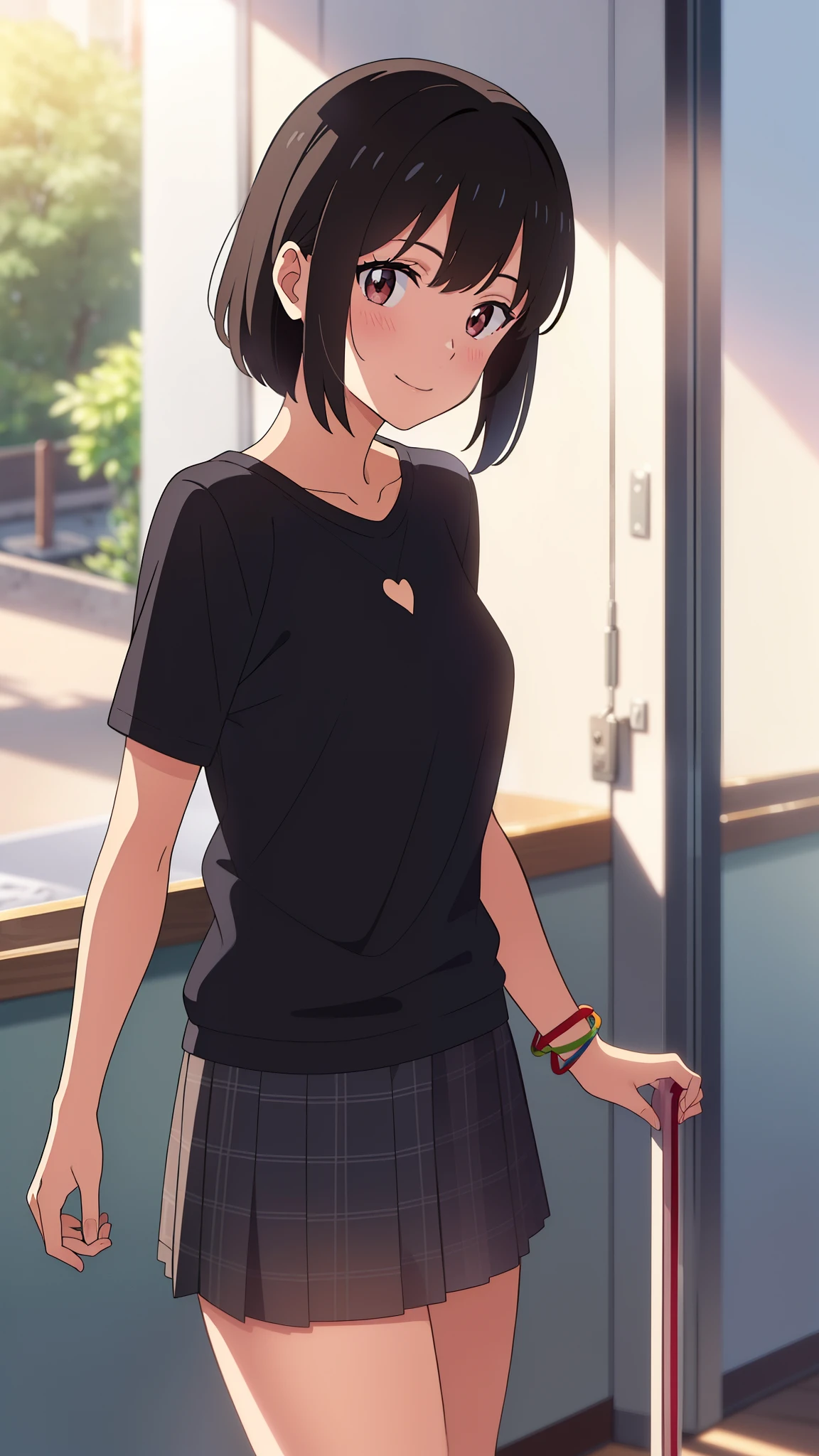 shinkai makoto, kimi no na wa., 1girl, bangs, black hair, blush, bright eyes, brown eyes, red headband, red ribbon, bracelet, short hair, smile, cute, beautiful, shiny skin, looking at viewer, solo, casual shirt, t-shirt, skirt, plaid skirt, indoors, dynamic lights