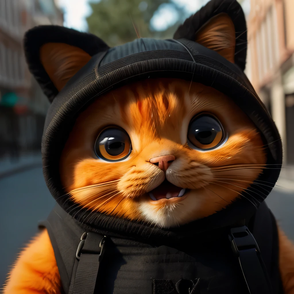 Orange Cat, Fat, Garfield, no_human, Depth of written boundary, Disney Style, dark_Grams, Wearing DRK_Grams, Deep Shadow, (dark: 1.4), (8k, RAW Photos, highest quality, masterpiece: 1.2), Mouth wide open, happy expression, Point to the camera, Bag on the shoulder.
