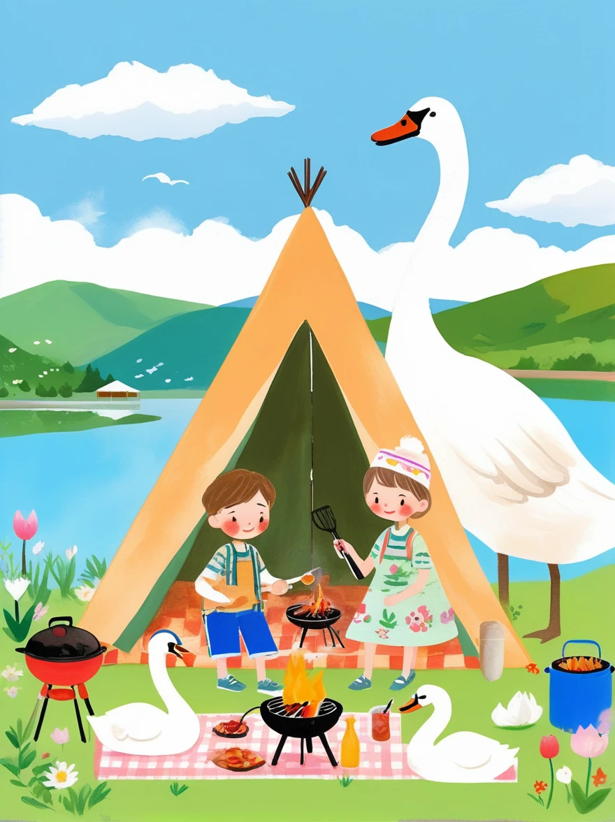 A cute boy and girl，Tented camp，Spring Outing，lake，Natural Scenes，barbecue，Blue sky natural background，swan，Wide Angle，Clay Materials，Clean background，Natural light，Light and shadow，Very high detail with rim light，Intricate details，Medium shooting，8k，hand ，illustration，j_drawing