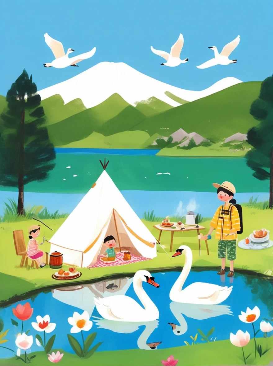 A cute boy and girl，Tented camp，Spring Outing，lake，Natural Scenes，barbecue，Blue sky natural background，swan，Wide Angle，Clay Materials，Clean background，Natural light，Light and shadow，Very high detail with rim light，Intricate details，Medium shooting，8k，hand ，illustration，j_drawing