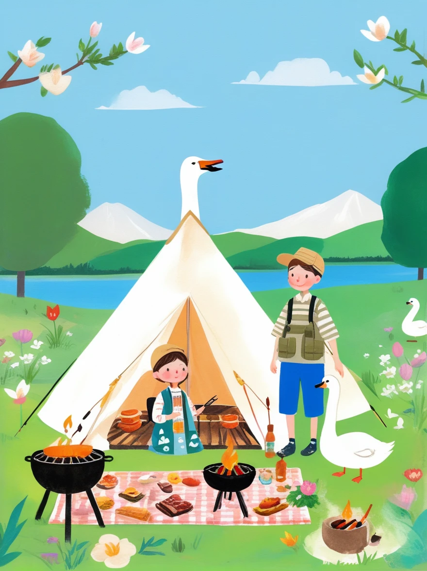 A cute boy and girl，Tented camp，Spring Outing，lake，Natural Scenes，barbecue，Blue sky natural background，swan，Wide Angle，Clay Materials，Clean background，Natural light，Light and shadow，Very high detail with rim light，Intricate details，Medium shooting，8k，hand ，illustration，j_drawing