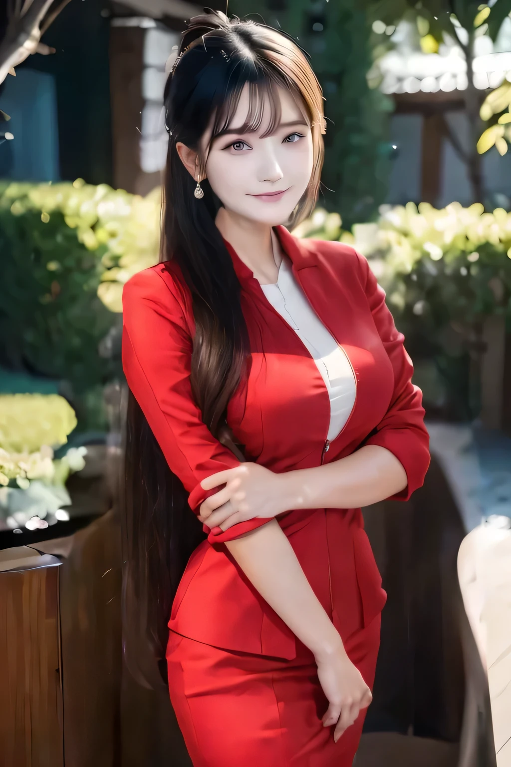 (masterpiece:1.2, highest quality:1.2), 32K HDR, High resolution, （Realistic style with AirAsia flight attendant uniforms）、（AirAsia uniform unzipped red jacket、AirAsia uniform long sleeve red jacket、AirAsia uniform red tight skirt、AirAsia uniform white shirt unbuttoned）、AirAsia uniform shirt cleavage reveals big 、Long hair that reaches down to the legs、Dark brown hair、Long Shot、（（Fine hand：2.0）），（（Harmonious body proportions：1.5）），（（Normal limbs：2.0）），（（Normal finger：2.0）），（（Delicate eyes：2.0）），（（Normal eyes：2.0））)、Beautiful standing posture、Luxury earrings