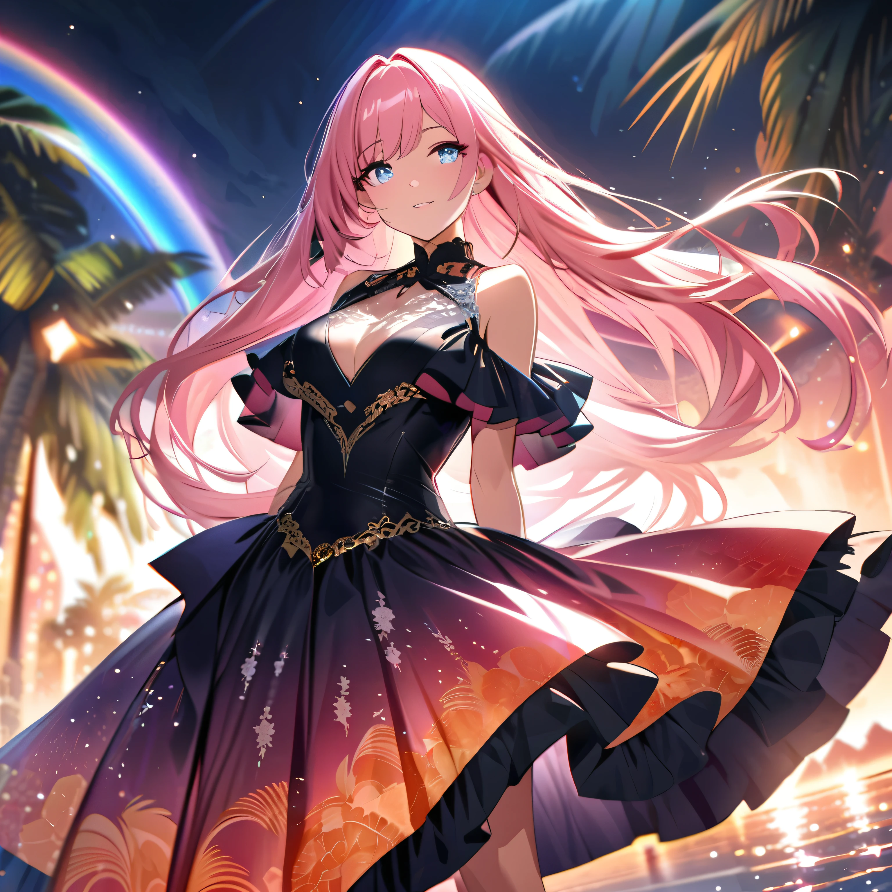 ``A beautiful woman with long pink hair and beautiful eyes wearing an elegant and detailed hawaiian dress.The dress must have intricate designs and patterns to give it a luxurious and luxurious feel.In the background , the image should depict a romantic Hawaiian beach at night with light reflecting off the water and an illuminated bridge across the scene, emphasizing the sparkling effects and rainbows throughout the image. Enhance your look and add special ruffles to your dress to make it stand out.”