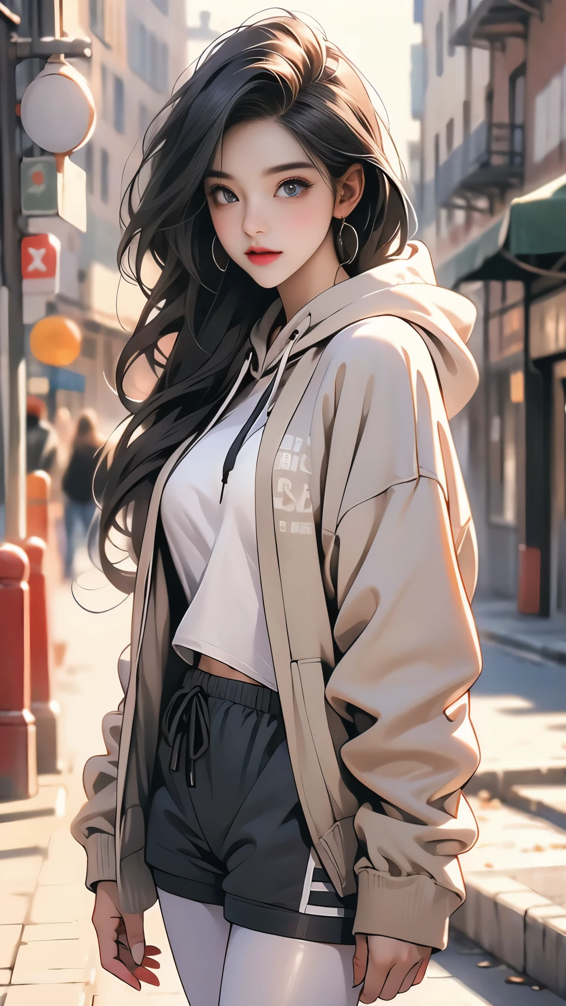 (1girl), best quality, ultra-high res, (photorealistic), (detailed eyes:1.4), (realistic, photo-realistic), perfect lighting, smile, showing waist, big breast, long hair, looking at viewer, facing front, realistic, light skin, (hoodie:1.2), (shorts:1.2), (black pantyhose:1.2), jewelry, earrings, on street, 