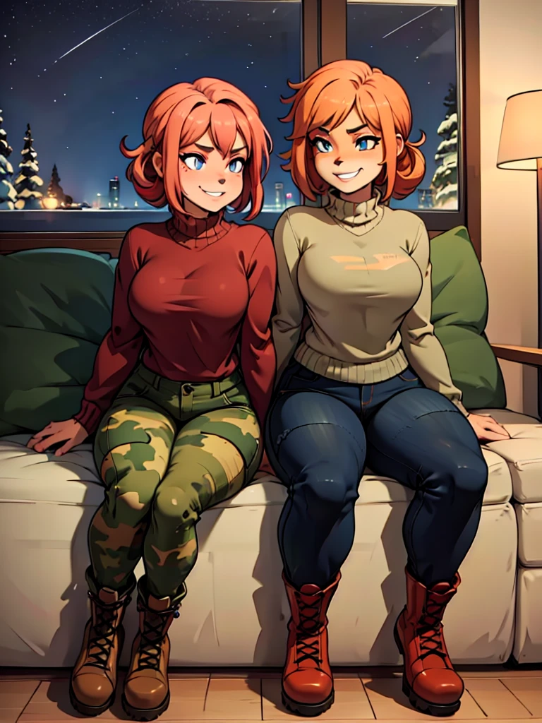  furry girls, Beautiful detailed faces, beautiful eyes, long eyelashes,  lovers sit on together , grin, cozy and warm, sweaters, camouflage trousers, army boots, night, cool sexy moment