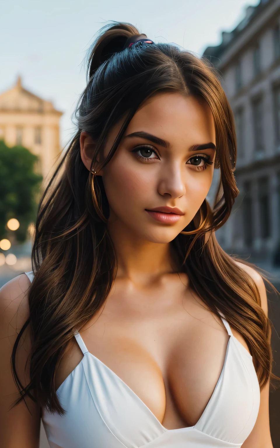 photography of 2 stunning girl, in the city, enjoying, girl, summer, hot girl, (((small bust))), brunette hair, long_hair, looks into the camera, symmetrical face, photorealistic, photography, spectacular lighting,, gorgeous, cleavage, western, (masterpice), best quality, high resolution, extremely detailed, skin with pores, blurred background, depth of field, cinematic lighting, EUROPE, cinematic lighting,Blue ponytail