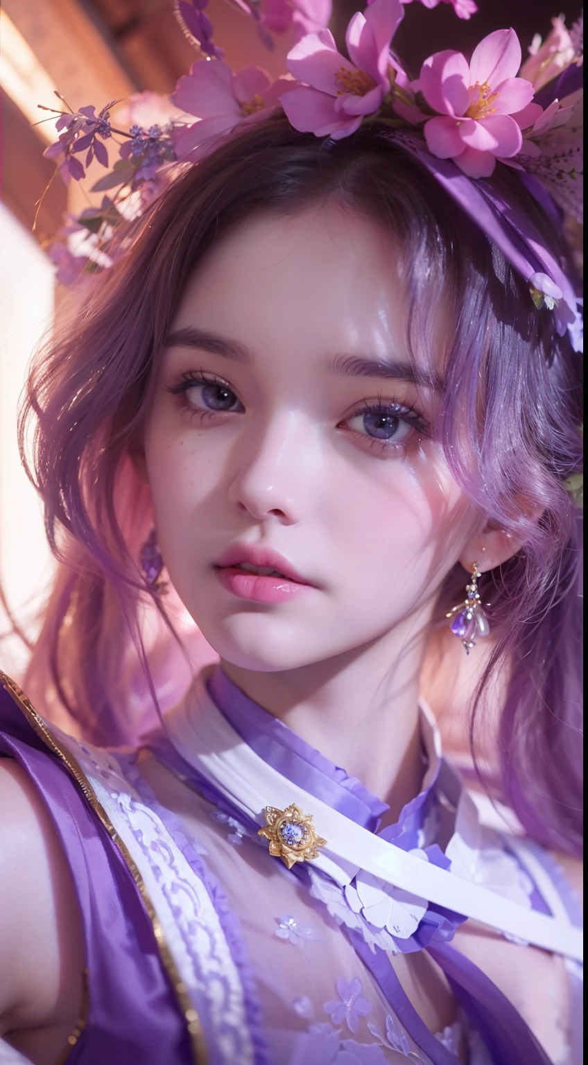 1girl, solo, game character, beautiful girl, extremely beautiful, ridiculously beautiful, masterpiece, top quality, young girl, white dress, beautiful princess, purple and white dress, golden accessories, flower hair accessories, ((realistic, hyper realistic, super detail, detailed clothes texture, detailed body shape, detailed skin texture, detailed background, detailed face))