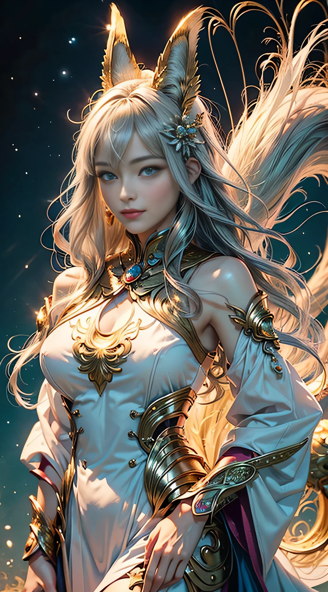 (​masterpiece、top-quality、top-quality、Official art、Very muscular Beautifully Aesthetic:1.2)、(1girl in)、Highly detailed、(Fractal Art:1.3)、colourfull、highest details, (Nine-Tailed Fox), 9 White, Black fox ears, Foxes inspired by Japan's divinity, Transparent clothes of fantastic celestial warriors, Elaborately embellished with gold, Fantasy Japan Background, Soft smile, ultra-sexy, Big breasts, anatomically, Fine wraist with large defined hips, Soft expression, A smile, Silver hair, Wave, Facing the front, Hair is spreading, hyper detailed eyes, perfect eyes, green eyes, clear eyes, no clevage, cover tits