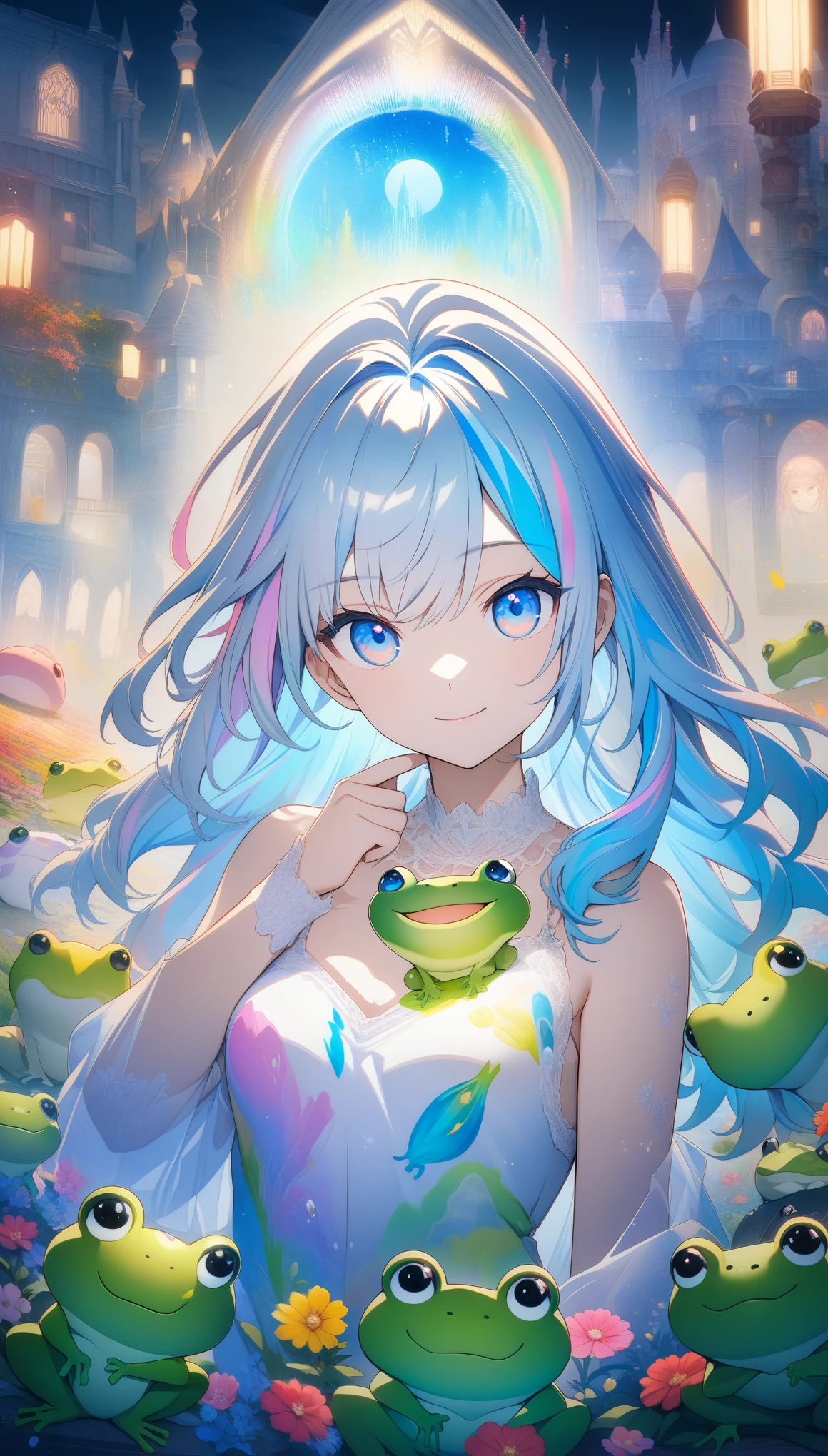 32k, best quality, ultra high res, HDR, UHD, extremely detailed CG, unity 32k wallpaper, **Japanese anime, A picture that looks like it was drawn with Copics,crystal style, crystal clear, woman with frog, under the blue moon, it was meticulously written, picture with elaborate writing, cute woman over smile,Flower, bold and strong line drawing, vivid acrylic painting, vivid thick paint, vivid, plain background, beautiful proof, highest resolution 16K, beautiful anime woman that is betrayeded by a frog, hair is short, Beautiful lightcyan high lights in her beautiful kind eyes, background is twinkle,Beautiful woman with a loose airy bright colorful hair with diamond high lights,Transparent dress, ,thick aquarelle colors,colorful,honeydew and diamond, lightcyan and white and light Effects,wallpaper,architecture,High quality, high image quality, great amount of drawing,pixiv illustration, transparency, Japanese anime,upper body,white tone, delicate brushwork,distinct color,