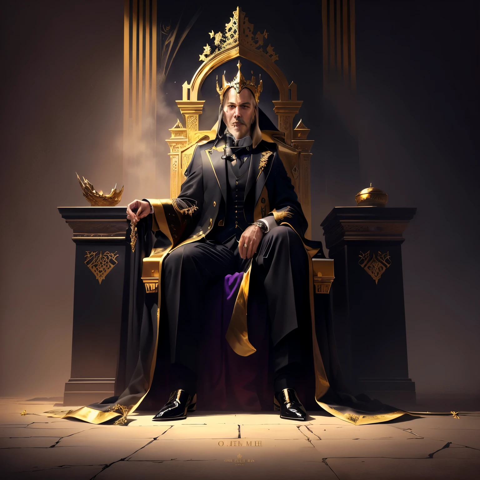 Image of Arabic numerals showing a man in a suit and tie walking through a castle, Between the Thrones, Sitting on a golden throne, Sit on the Obsidian Throne, 水中のSitting on the throne, Sitting on a golden throne, King of Hell on the throne, Sitting on a complicated throne, Sitting on the Golden Throne, Sitting on the throne
