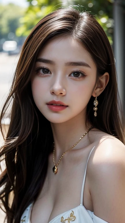 pretty girl: Asian, super cute;
Age: from 18-20 years old;
hair: bronze orange, smooth, shimmering in the sunlight, detailed;
skin: ivory white, rosy and flawless;
eyes: jet black, almond shaped, sexy, youthful, clear, super detailed, elegant, seductive, sharp makeup, realistic, eye-catching, eye contact;
eyelids: delicate, delicate, perfectly beautiful;
Eyebrows: arched, sparse, sharp;
face: beautiful, pure, like a fairy, with gentle makeup, lovely, perfectly balanced, beautiful in every detail;
nose: pretty, lovely, high;
Cheekbones: prominent;
lips: seductive, light red lipstick, lovely lip gloss;
teeth: radiant, pure white;
charming smile, showing off bright white teeth;
body: full of youth;
accessories: necklaces, earrings, jade bracelets;
Costume: silk fabric, delicate, embroidered with flowers;
Fashion style: high-end, modern 2024, luxury;
Photo quality: non-NSFW, 8K CG HD, sharp, super beautiful graphics, professional, detailed, vibrant colors, super smooth, advanced techniques, true RAW;
lighting: complex color scheme, golden-black rays;
sunlight: sparkling, illuminating the girl's body;
Setting: vibrant street, cool green trees.