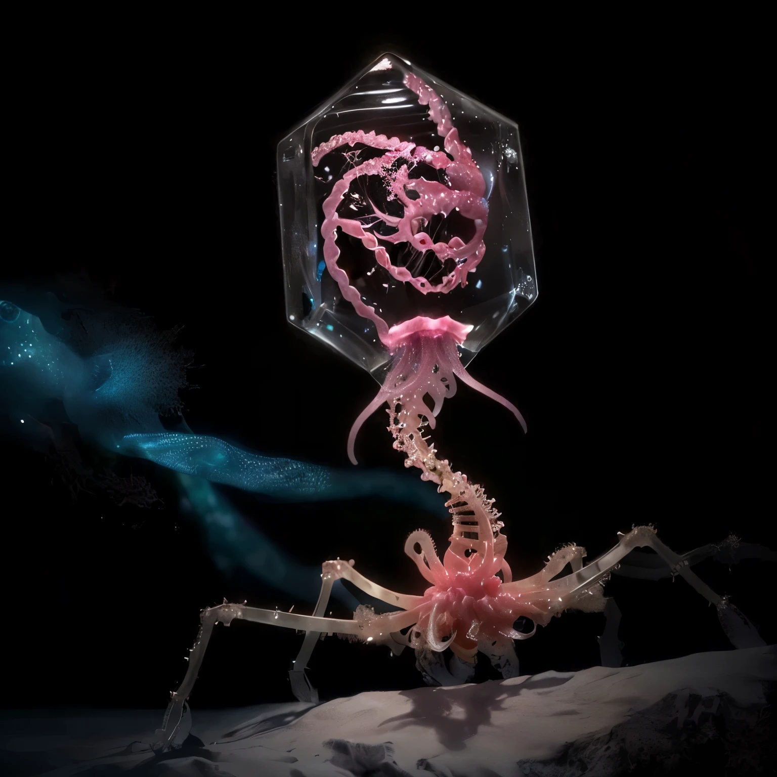 A close-up of a skeleton with a pink double helix substance in its gelatinous head, Phage、virus、, Hybrid Creatures, Tubular creatures, Chimeric organisms, Deep Sea Creatures, Biohazard virus concept art, SCP anomalous object, Gelatinous symmetry, Tentacle Creature Mix, More information about SCP-3008, Deep Sea Creaturess, Biological photography, Morph DNA