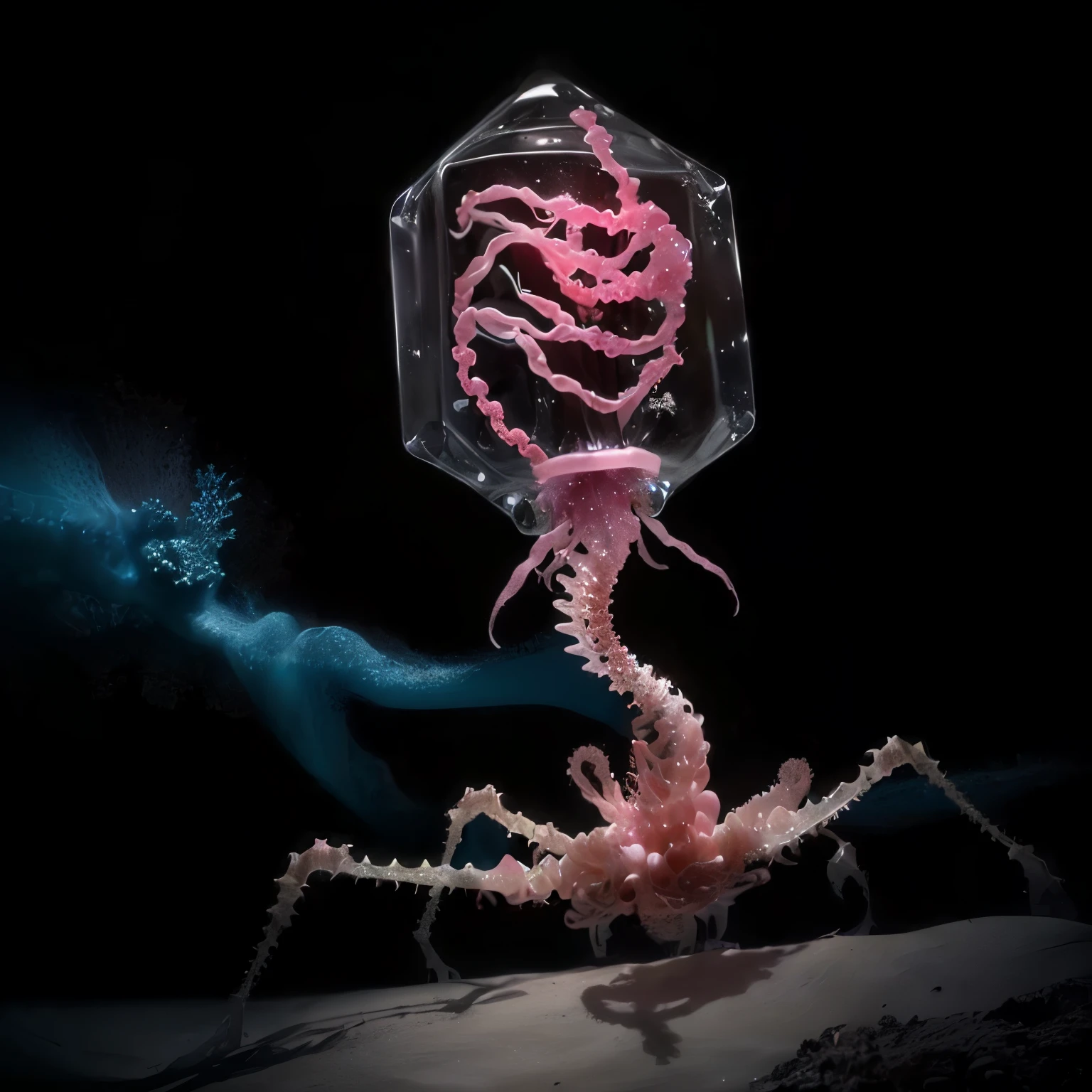 A close-up of a skeleton with a pink double helix substance in its gelatinous head, Phage、virus、, Hybrid Creatures, Tubular creatures, Chimeric organisms, Deep Sea Creatures, Biohazard virus concept art, SCP anomalous object, Gelatinous symmetry, Tentacle Creature Mix, More information about SCP-3008, Deep Sea Creaturess, Biological photography, Morph DNA