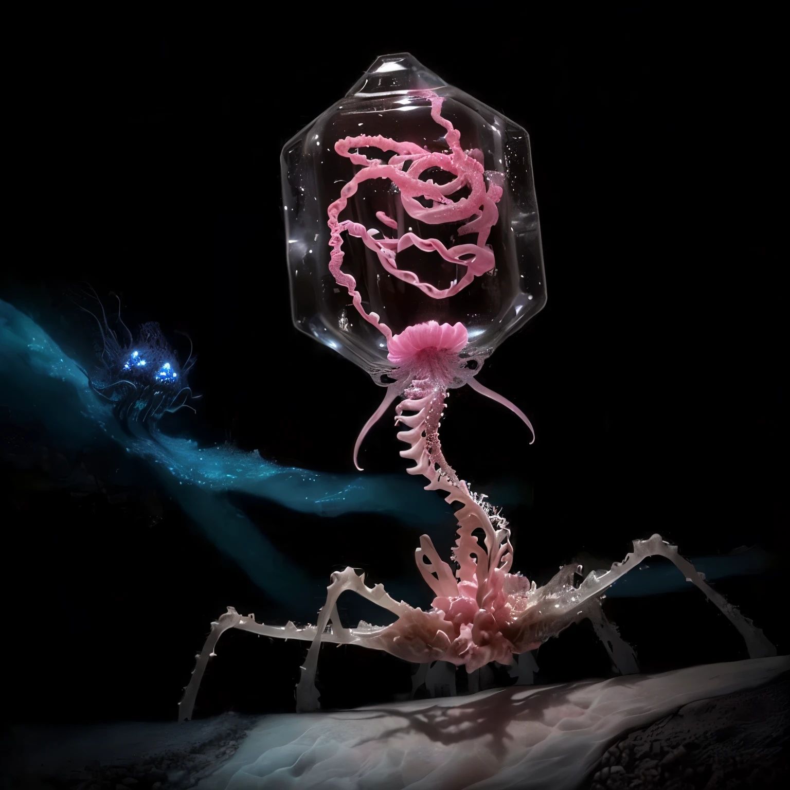 A close-up of a skeleton with a pink double helix substance in its gelatinous head, Phage、virus、, Hybrid Creatures, Tubular creatures, Chimeric organisms, Deep Sea Creatures, Biohazard virus concept art, SCP anomalous object, Gelatinous symmetry, Tentacle Creature Mix, More information about SCP-3008, Deep Sea Creaturess, Biological photography, Morph DNA