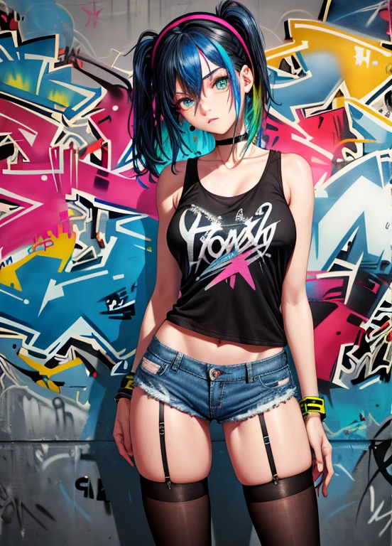 denim shorts, choker, (graffiti:1.5), paint splatter, against wall, looking at viewer, armband, thigh strap, paint on body, head tilt, bored, multicolored hair, aqua eyes, headset, huge breasts, neckline, large breasts, stockings, stockings in a net, torn stockings, 8K, Sharp image, high quality, detailing, In full swing, sneakers, sneakers, Skate, Panty straps are visible, underpants are visible behind the shorts, short t-shirt, T-shirt covers half of the chest, covers the chest a little, underpants, elastic bands for panties, top half be friends, half chest tank top, Breasts are visible from the bottom of the shirt, half of the chest is visible, очень short t-shirt, Very short T-shirt, 