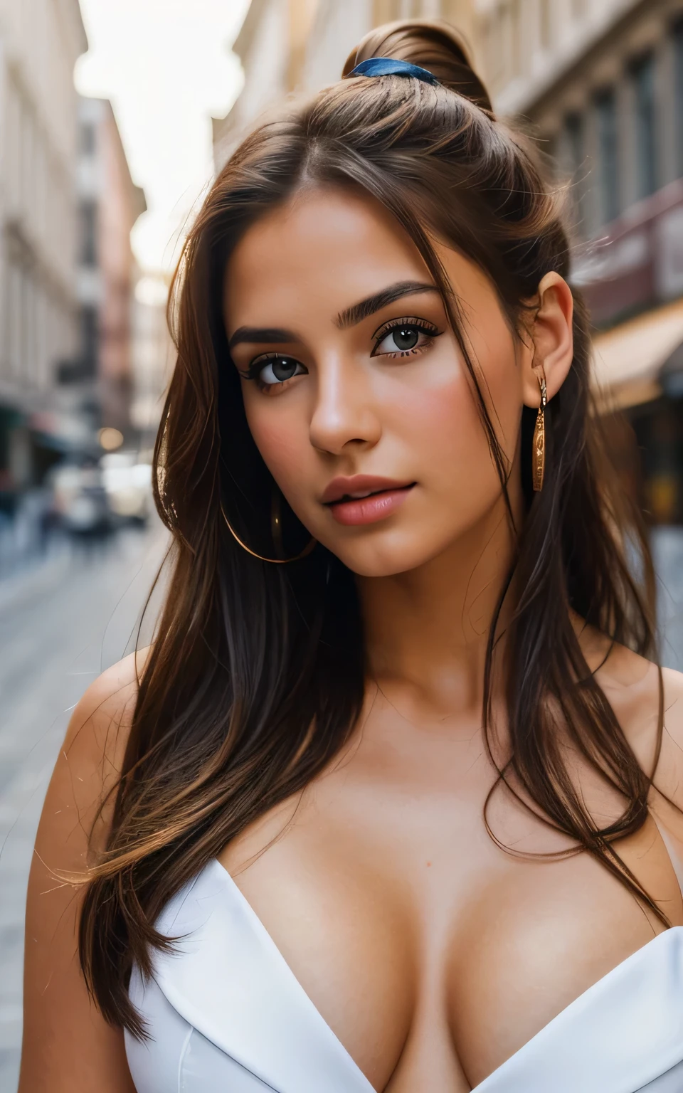photography of 2 stunning girl, in the city, enjoying, girl, summer, hot girl, (((small bust))), brunette hair, long_hair, looks into the camera, symmetrical face, photorealistic, photography, spectacular lighting,, gorgeous, cleavage, western, (masterpice), best quality, high resolution, extremely detailed, skin with pores, blurred background, depth of field, cinematic lighting, EUROPE, cinematic lighting,Blue ponytail