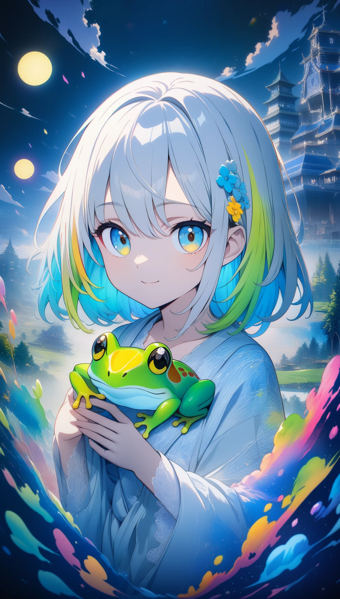 32k, best quality, ultra high res, HDR, UHD, extremely detailed CG, unity 32k wallpaper, **Japanese anime, A picture that looks like it was drawn with Copics,crystal style, crystal clear, woman with frog, under the blue moon, it was meticulously written, picture with elaborate writing, cute woman over smile,Flower, bold and strong line drawing, vivid acrylic painting, vivid thick paint, vivid, plain background, beautiful proof, highest resolution 16K, beautiful anime woman that is betrayeded by a frog, hair is short, Beautiful lightcyan high lights in her beautiful kind eyes, background is twinkle,Beautiful woman with a loose airy bright colorful hair with diamond high lights,Transparent dress, ,thick aquarelle colors,colorful,honeydew and diamond, lightcyan and white and light Effects,wallpaper,architecture,High quality, high image quality, great amount of drawing,pixiv illustration, transparency, Japanese anime,upper body,white tone, delicate brushwork,distinct color,