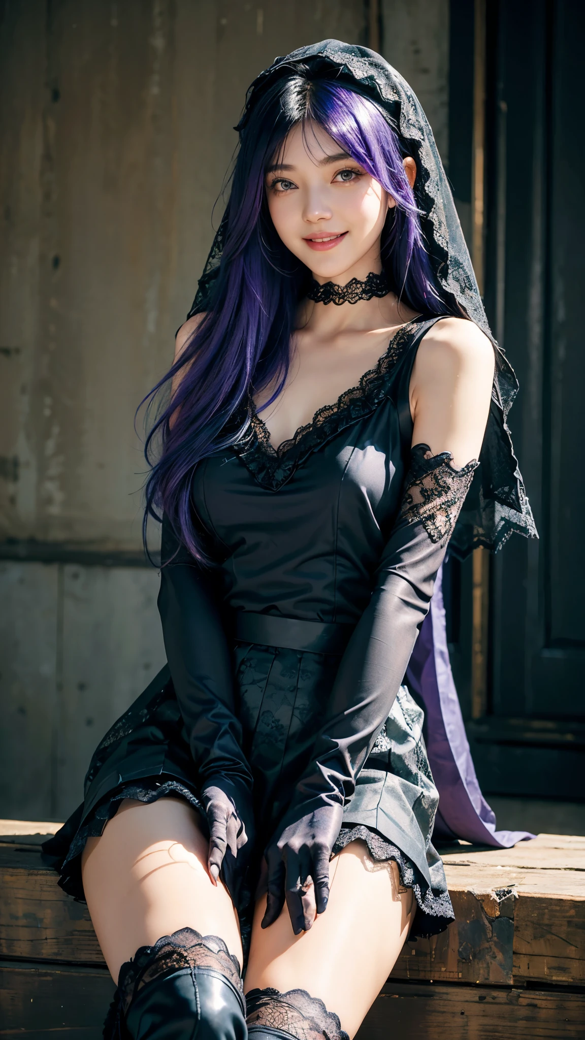 highest quality, masterpiece, Ultra-high resolution, (Realistic:1.2), (Portraiture) RAW Photos, 1 girl,22 years old((Detailed face)),(((座ったPortraiture))No bra,((Smiling with teeth showing)),((Big smile)),((Black boots and black lace gloves)),((Black sleeveless top with frill lace)),((White blouse under dress)),((Black Long Skirt)),((Blue-purple hair with a black veil))Straight Long Hair,((Cap Chestnut)),((Short bangs)),Realistic,Image Media Chest)),