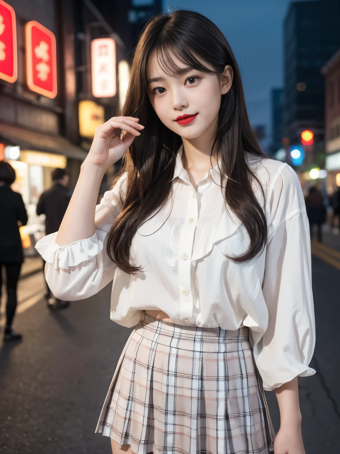 raw photo, 8k, (top-quality), Realistic, (real picture, Intricate details), (natural skin texture, detailed skin, hyper realism, sharpness), (Japanese teenage girl standing in a downtown area at night, neon light), ((conservative fashion with gray and white, plaid skirt, blouse)), (pale skin:1.4), slender body, (wavy long hair, baby face, provocative look, Parted lips:1.3, red lips), shy smile, night time, spot lighting:1.3