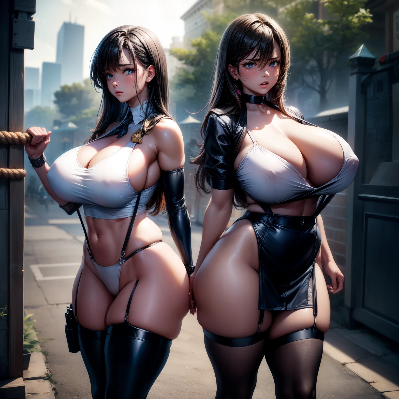 (8k ,Super detailed,Hyper-photorealism,The best masterpiece,Nature,Perfect work of art,Perfect female body),Two sexy busty wives ,(Huge breasts,Big Ass),Standing on the street,,Hands raised头顶,Trapped by a rope,Imprisoned,angry,With tears,Hands tied with rope,Hands raised,Black police officer,Open chest and shoulder,Sexy police officer,Black suspenders,