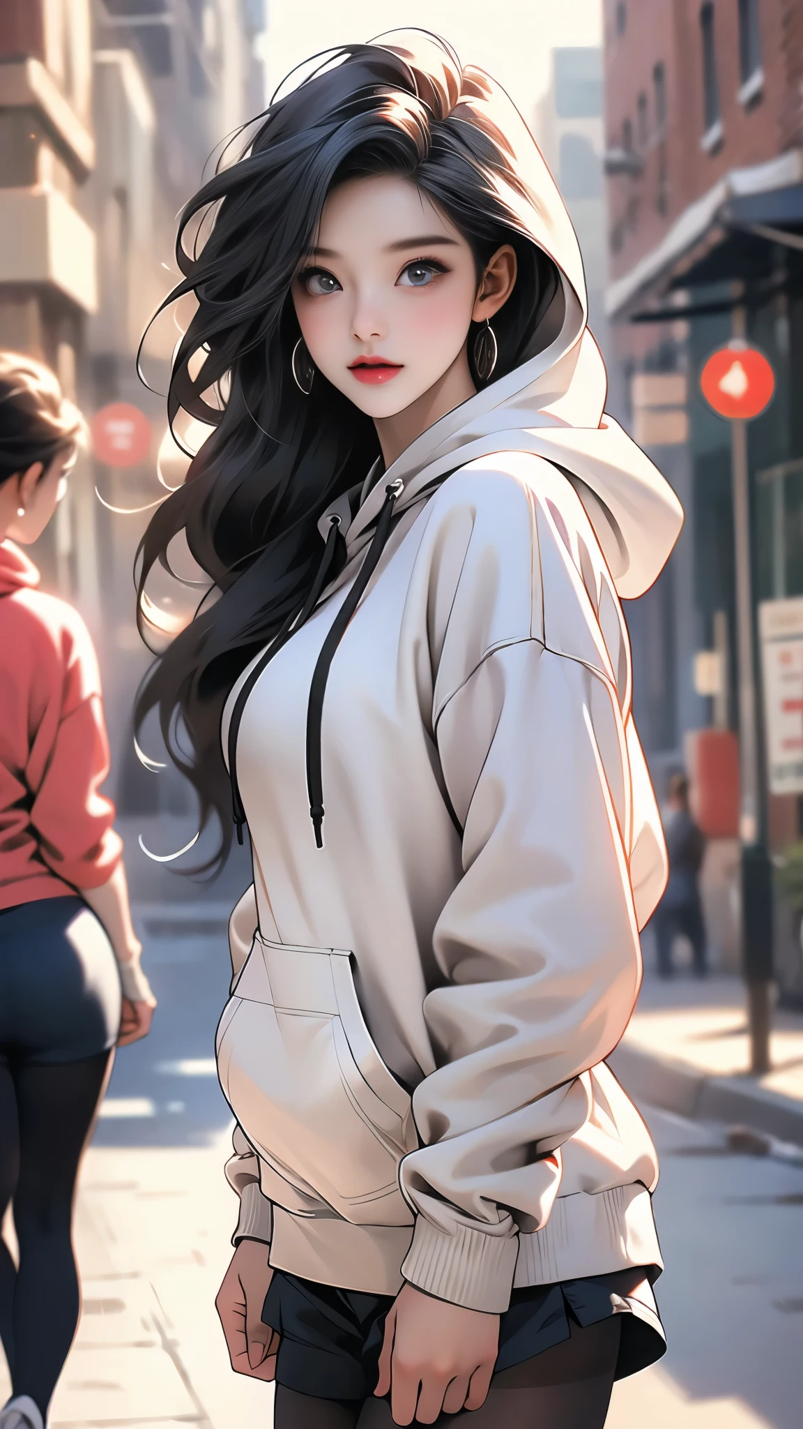 (1girl), best quality, ultra-high res, (photorealistic), (detailed eyes:1.4), (realistic, photo-realistic), perfect lighting, smile, showing waist, big breast, long hair, looking at viewer, facing front, realistic, light skin, (hoodie:1.2), (shorts:1.2), (black pantyhose:1.2), jewelry, earrings, on street, 