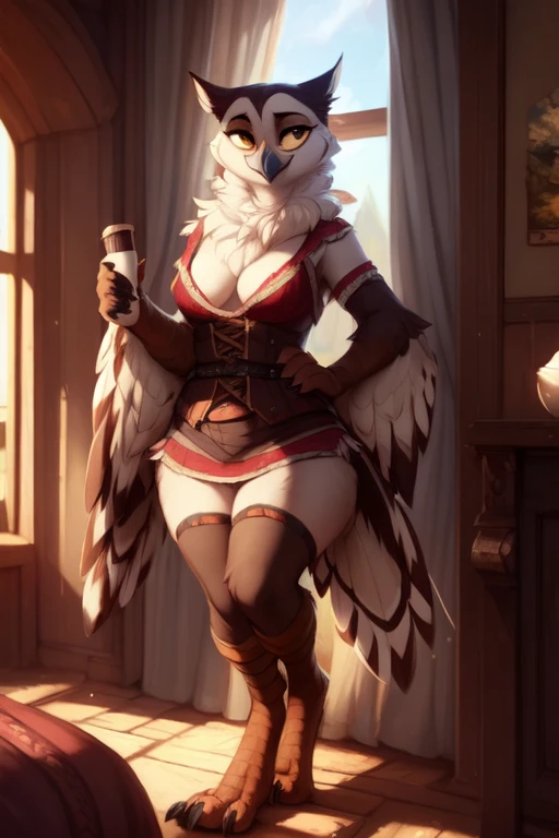 feral:1.2),(walkingwake:1.3), Male focus, 8k wuality, ultra realistic, 3d render, digital art, beautiful and detailed portrait of a female owl, hi res,soft shading,good anatomy, feathered tail, (posing:1.3), (soft shading), 4k, hi res, ((detailed face, detailed)), by zackarry911, by zaush, (by personalami:0.5), looking at viewer, uploaded on e621, explicit content, 3d, cutesexyrobutts, hioshiru, (bastika, cutesexyrobutts, hioshiru), ((masterpiece)), ((best quality)), ((cinematic lighting)), ((countershading)), ((detailed background)), y kenket, Ross Tran, ruan jia, zaush, foxovh, by Zackary911, by hyattlen, by teranen, by fumiko, by Pixelsketcher, by Bayard Wu, by Thomas Benjamin Kennington, by Einshelm, by Kilinah, by Coffeesoda, by Hioshiru, by fluff-kevlar, by r-mk, owl, medieval, fantasy, neck fluff, neck fur, solo, fantasy, female, Avian, (((confident, seductive))), neck tuft, big eyes, Feathers, winged arms, bird feets, bird feather tail,, living room, indoors, anthro, thick thighs, wide hips, teasing, wide hips, huge thighs, slightly chubby, clothed, fluffy, cleavage, big hips, 
