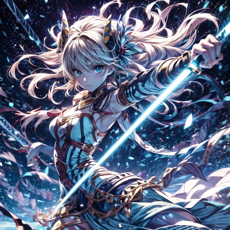 high quality fullcolor manga art flat painting with faint blur, saber, tribal girl in jojo pose, high speed dance motion with extreme manuver in night stage
