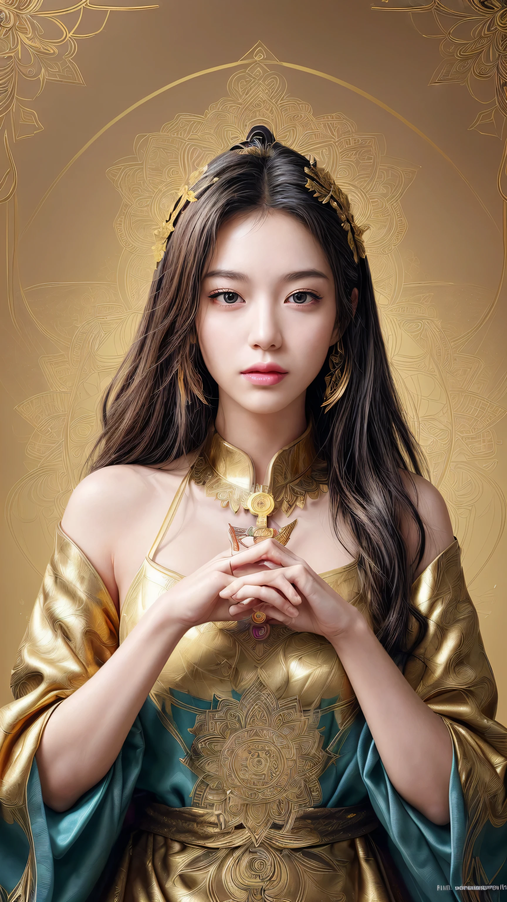 Depict a majestic goddess statue. The goddess is adorned in golden ornaments and is holding divine light in her hands. Her face looks like asian. She gazes directly at the camera. Her expression is serene and full of compassion, with intricate jewels and decorations scattered throughout her hair and garments. The background is surrounded by mystical circular patterns and a halo of light, creating an overall atmosphere of mystique and sanctity.