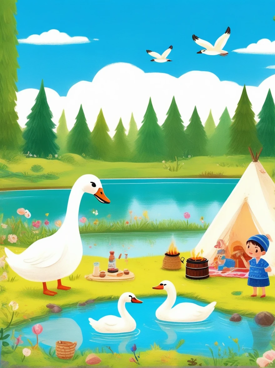 A cute boy and girl，Tented camp，Spring Outing，lake，Natural Scenes，barbecue，Blue sky natural background，swan，Wide Angle，Clay Materials，Clean background，Natural light，Light and shadow，Very high detail with rim light，Intricate details，Medium shooting，8k，hand ，illustration，j_drawing