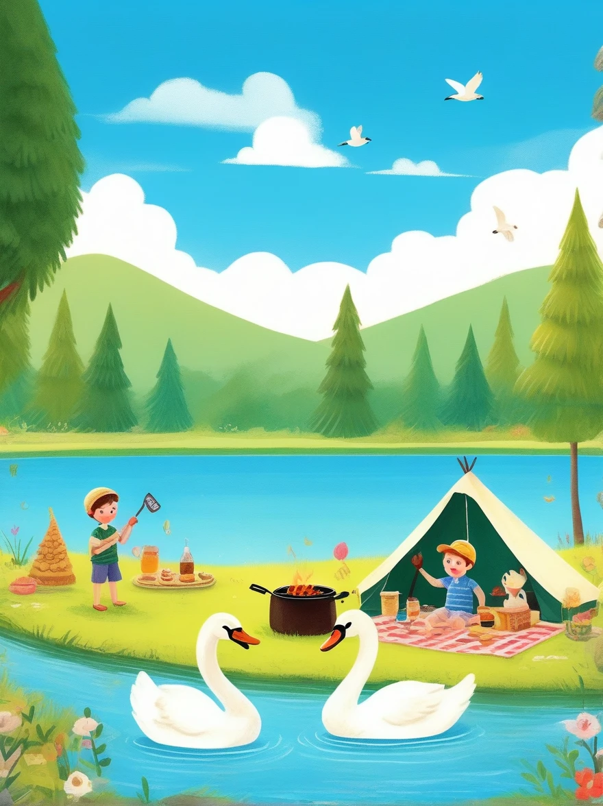 A cute boy and girl，Tented camp，Spring Outing，lake，Natural Scenes，barbecue，Blue sky natural background，swan，Wide Angle，Clay Materials，Clean background，Natural light，Light and shadow，Very high detail with rim light，Intricate details，Medium shooting，8k，hand ，illustration，j_drawing