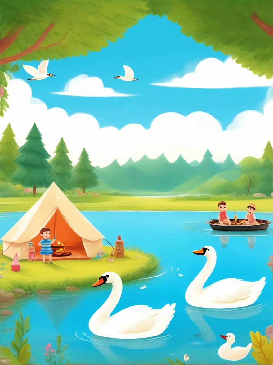 A cute boy and girl，Tented camp，Spring Outing，lake，Natural Scenes，barbecue，Blue sky natural background，swan，Wide Angle，Clay Materials，Clean background，Natural light，Light and shadow，Very high detail with rim light，Intricate details，Medium shooting，8k，hand ，illustration，j_drawing