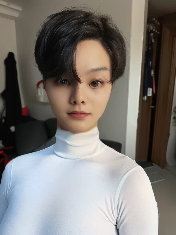 Best Quality, 8K, Masterpiece, (photo realistic:1.3), (hyper realistic:1.3), (Create an image maintaining the original base model hairstyle:1.5), (white turtleneck  :1.4)