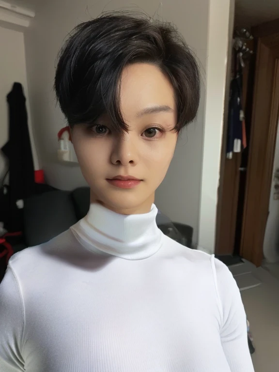  Best Quality, 8K, Masterpiece, (photo realistic:1.3), (hyper realistic:1.3), (Create an image maintaining the original base model hairstyle:1.5), (white turtleneck  :1.4)