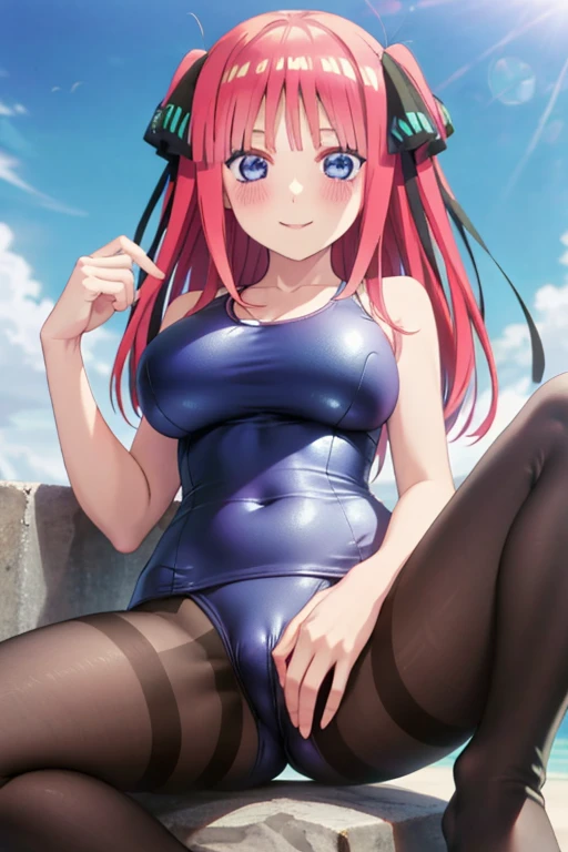 best quality, ultra-detailed masterpiece, anime art style, cute character, nino nakano, large breasts, blush, smile, one-piece swimsuit, pantyhose, pussy