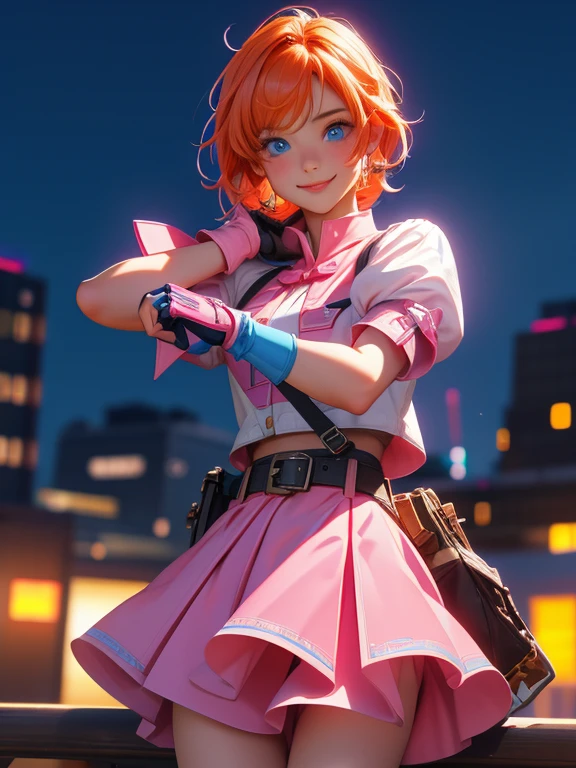 One girl,Cowboy Shot, Beautiful Nora_Valkyrie, View your viewers, smile, short hair, blue eyes,Heart Cutout, gloves, Jacket, Pink Skirt, Pink Belt, Short sleeve, Puffy sleeves, One armband, fingerless gloves, Orange Hair, pink gloves, Dynamic pose, night, Outdoor, city, (Volumetric lighting), highest quality, masterpiece, Intricate details, Tone Mapping, Sharp focus, Super detailed, Trending on Artstation,