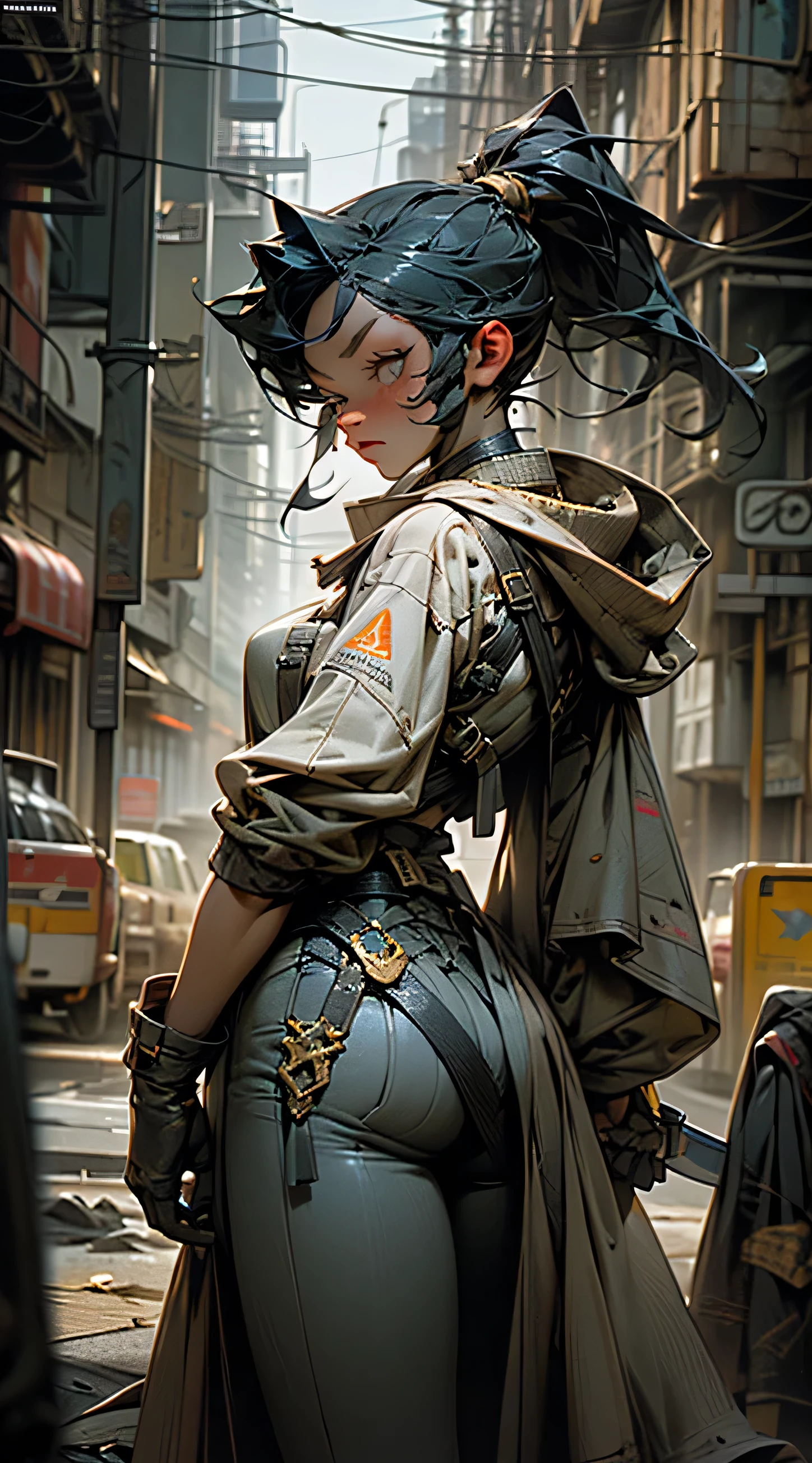 Masterpiece, best possible quality (UHD photographic low angle shot,) ((of a gorgeous stealthy and agile thief and adventurer in the middle of a street, in a dystopian city under attack, by what appear to be humans that have been infused with Viper DNA, The girl was no older than 19 years old, but could fight like she was born for it, natural beauty, stunningly beautiful, ((Ultra-finely-detailed (fashion model looks and figure))), long, detailed, flowing ponytail)), ((holding a long dagger and a .50 desert eagle)), razor-sharp curved blades, in a fighting stance dressed in leather, scrapped metal and fur lined garments that didn't leave too much to the imagination, consistent with the local tribes. (((It was her very fit body that was exuding a bright blue glowing aura, a luminescence that would light the street at night if it came to that, coming from her body in all directions))), wide-angle lens f/1.8, horrible battle imagery, magical bright blue rays of energy, explosions of earth, fire and smoke, swordplay, exciting action, fierce gaze, Ultra-high-quality, Ultra-fine-details, dystopian, post-apocalyptic setting, cinematic movie still, masterpiece, the best quality possible, highest possible resolution, 8k, ray tracing, HDR, UHD, volumetric lighting, Absurd resolution, textured details, excellent composition and lighting, golden hour, rule of thirds, over the shoulder, back view, God rays, God particles, Unreal Engine 5, Unity Engine, Blender, corona render, octane render, masterpiece,