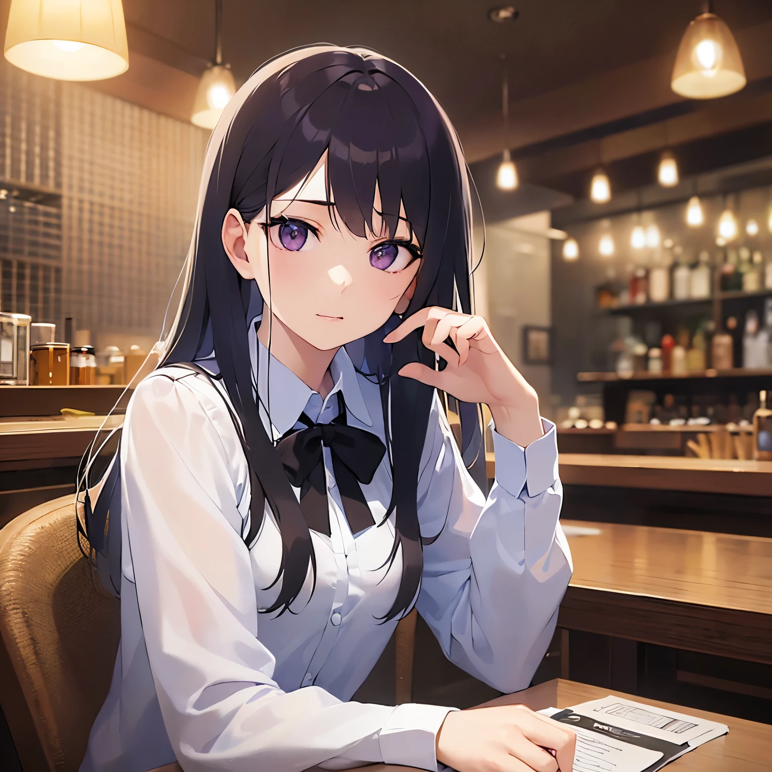 wine glass, Upper Body, Realistic, real person, (pale skin: 1.2), RAW photo, photorealistic, portrait photography, shiny skin, shiny hair、(A 25-year-old woman with straight hair and bangs) and (medium hair) and (black hair) and (purple eyes) , (white collared shirt:1.5) 、(embarrassed:1.3), The background is the interior of a restaurant at night.、Alone、Sitting
