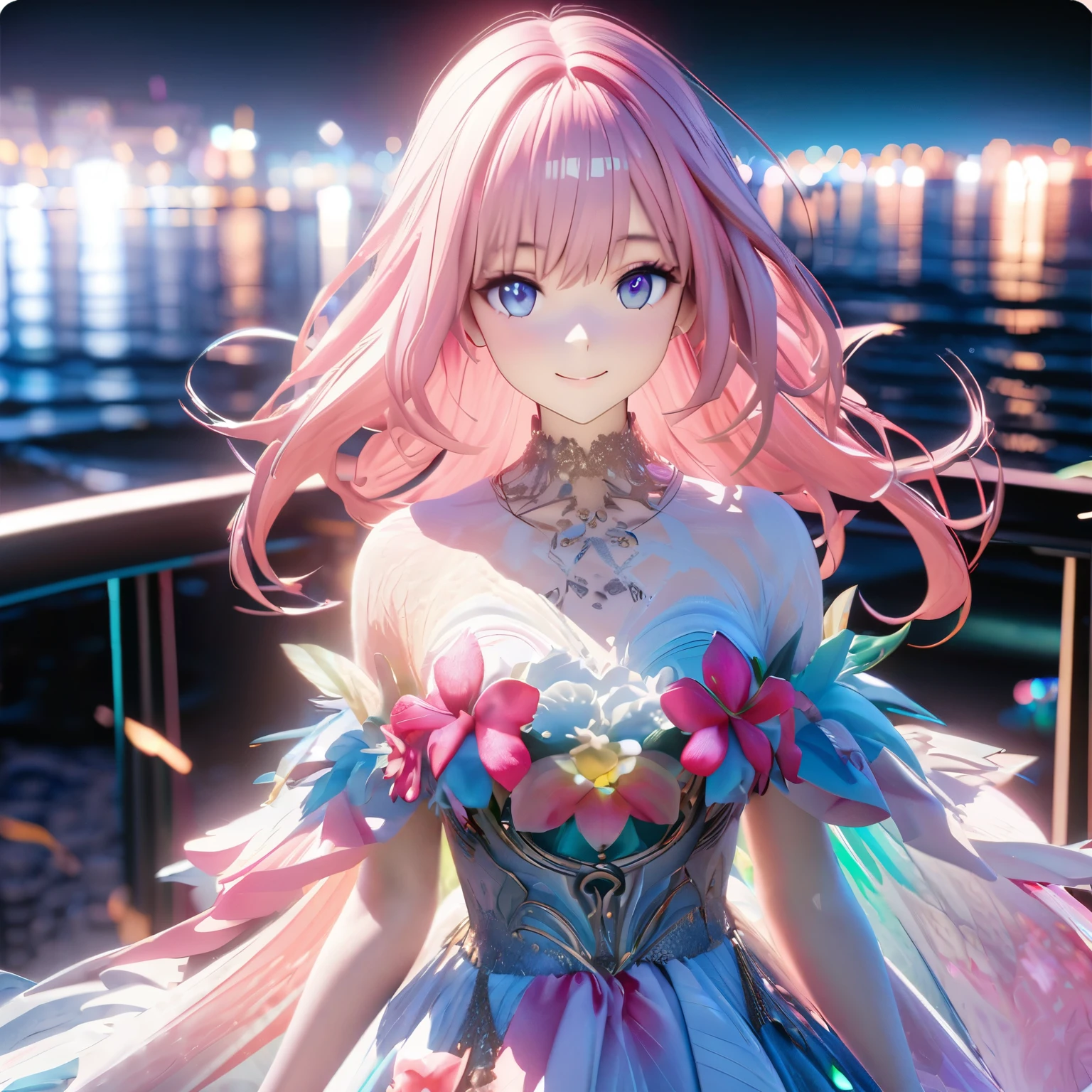 Masterpiece, Best Quality, High Definition, High Resolution, Expensive Resolution, High Definition, 4K, 8k, Unity 8k Wallpaper, High Definition CG, Masterpiece, Real, 2D, 3D, Beautiful Details, Depth, Fine Texture, Super Quality: 1.3 , create an anime-style illustration of a character wearing an elaborate Hawaiian dress decorated with flowers and jewels, with perfect concentration and a bright night beach background. Draw a close-up of the upper body. {{The dress should have multiple layers and a special treatment of ruffles, with gemstones of different colors embedded throughout. }} , The character's pink hair should be long and flowing to complement the intricate design of the dress. The cityscape at night should also be vivid. The streets are lit up in different colors and buzz with lights indicating an active nightlife. Includes light reflections from buildings in the bodies of water in between.With a smile