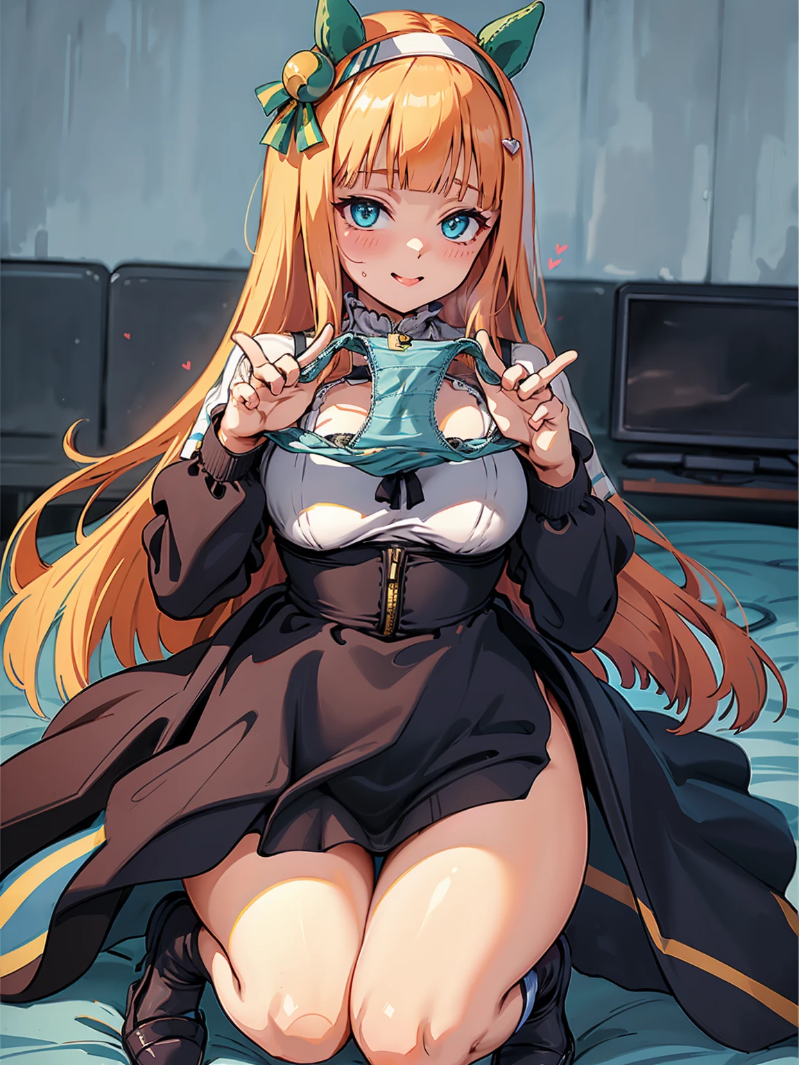 Unfold panties with both hands、Plump thighs、Best image quality、High resolution、masterpiece、super high quality、Striped bra、Striped panties、Panty flashing、とてもBig Ass、Blushing、4K quality、Thick thighs、Big Ass、Blushed、Big Breasts、Proud face、Wearing black knee socks、Sticking out tongue、heart、Squat with your legs apart