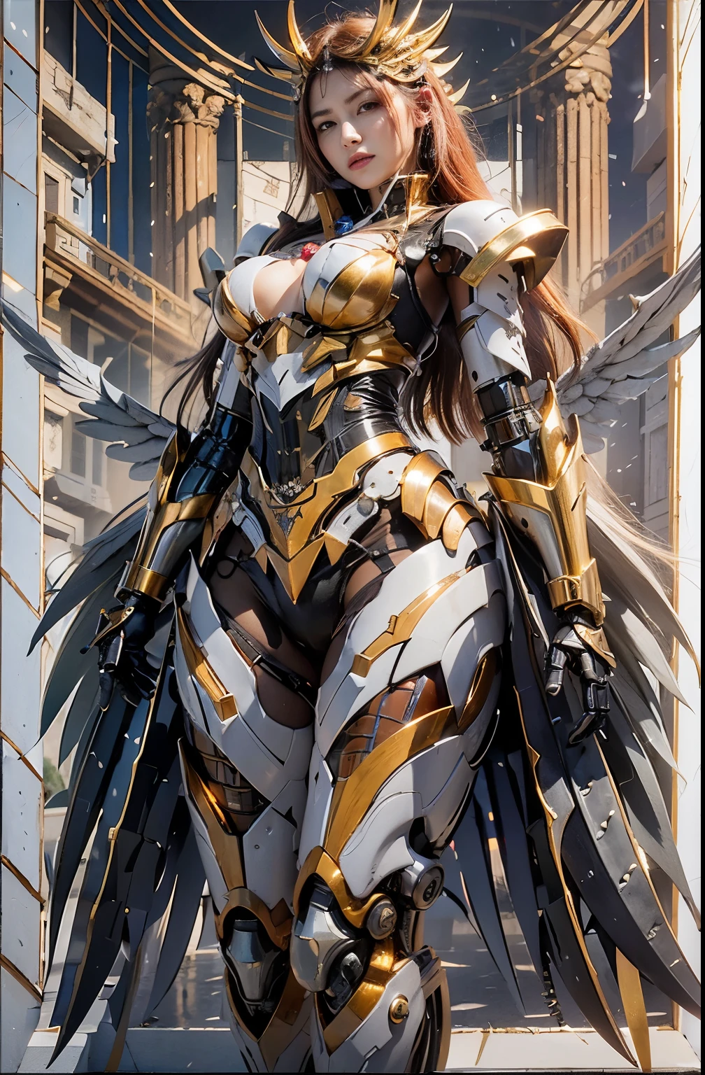 (top-quality:1.2, masterpiece)、ultra high resolution、extremely ultra surrealism, (Photorealsitic:1.4)、Raw photo、(Steampunk Battle Cyborg fallen angel)、large wings made of metal、black porcelain body、red hair、glowy skin、1 Cyborg girl、(mechanical frame:1.3)japanese, extremely cute face, ((super realistic details))、portrait、globalillumination、Shadow、octan render、8K、ultrasharp、character edge light、Details of complex ornaments、Acrylic Clear Cover、Sumerian details、Hydraulic cylinder、Small LED lamp、highly intricate detail、Realistic light、a purple eye、radiant eyes、Facing the camera、neon details、cowboy shot、Futuristic headgear、About Cyberpunk