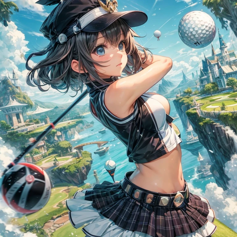 high quality sports manga art, action comic with motion trail effect. cute waifu avantgarde fashion style. golfer black viera girl, performing nice shot, impacting ball hit on sweet-spot of driver, in fantasy golf course on floating islands in Ivalice. breathtaking scenery 