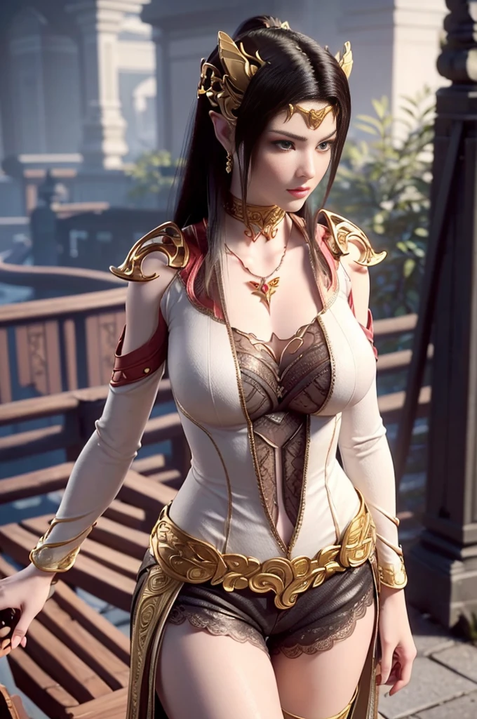 Hyper-realistic 8K CG, flawless, clean of, masterpiece, professional artwork, famous artwork, movie lighting, movie bloom, perfect face, Pretty face, fantasy, dreamlike, Unreal Engine 5, Science fiction, lace, lace trim, lace-trimmed legwear, luxurious, jewelry, diamond, Kaneko, pearl, gem, blue gem, red gem, emerald, Complex details, Exquisite pattern, charming, Tempting of, Tempting of, of, enchanting, hair accessories, necklace, earrings, bracelet, armband,halo,autumn. ((,1 girl, View,best of quality,)) ,((((,1 girl, own of, Huge of fake breasts:1.5, Goddess dress, Half body, looking at the audience, permanent))))a white hair、Close-up of woman wearing white mask, Beautiful figure painting, guweiz, Gurwitz style of artwork, White-haired God, author：Yang Jie, Epic and beautiful of character art, Stunning character art, author：FAN Qi, by Wuzhun Shifan, pixiv art station street guweiz, single ponytail, insult, high ponytail, tall of stature, long legs, (sleeveless lace shirt), (shorts), (There are stripes of )), ((There are stripes of )), Walk, Elegance, dignified, Feminine of, Beauty of curves, Sweet of smile, Strong sense of detail and layering, Colorful, Has a unique texture, rich and Colorful, Color harmony, vivid, design art, 16K, super detailed, {{illustration}}, {extremely delicate and beautiful}, {Exquisite surface treatment}, super detailed, Exquisitely glowing eyes, {{movie lighting}}, Extreme light effects, Model: realism, CFG size: 12, Laura: Bright texture (1.35), high quality, masterpiece, Exquisite facial features, Delicate hair depiction, Detailed depiction of eyes, masterpiece, best of quality, Ray tracing, Extremely detailed ofCG unified 8k wallpaper, masterpiece, best of quality, (1 girl), perfect female figure, (((White tight T-shirt))), beautiful eyes, (Delicate face), black of short hair, hair tied up, Light blue hairpins, (White skin), (best lighting), (Super intricate details), 4K unified, (super detailed CG), Expose fair legs, , hot pants, sh