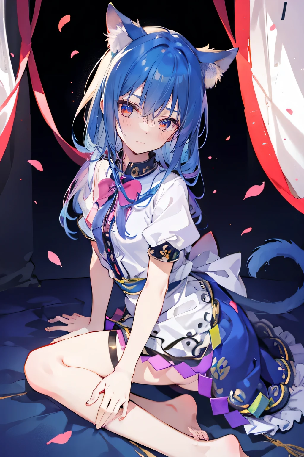(masterpiece:1.2),ultra-detailed,realistic,expressive eyes,fair-skinned,perfectly shaped face,1girl,
Japanese cartoons,Gorgeous blue hair, flowing blue hair,floating clothes,cat ears,petals falling,beautiful Lola,Hina Angel,
hands on waist,gracefully sitting on the ground,legs crossed,gentle and serene background,cool and comfortable pavilion,night ,smile.