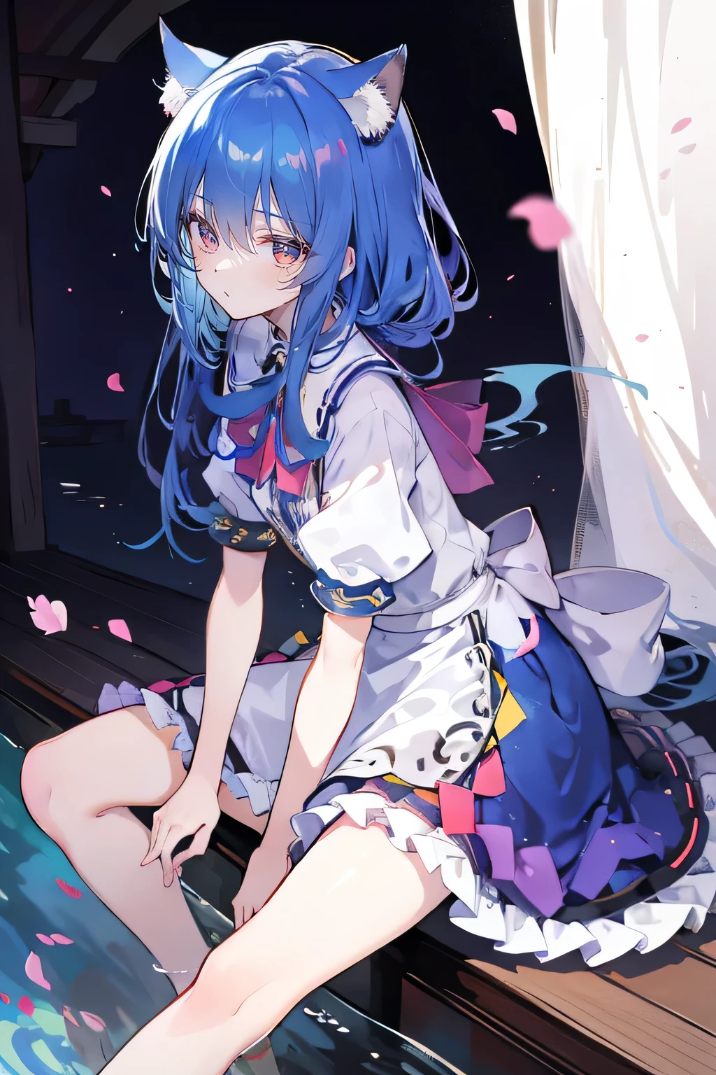 (masterpiece:1.2),ultra-detailed,realistic,expressive eyes,fair-skinned,perfectly shaped face,1girl,
Japanese cartoons,Gorgeous blue hair, flowing blue hair,floating clothes,cat ears,petals falling,beautiful Lola,Hina Angel,
hands on waist,gracefully sitting on the ground,legs crossed,gentle and serene background,cool and comfortable pavilion,night ,smile.