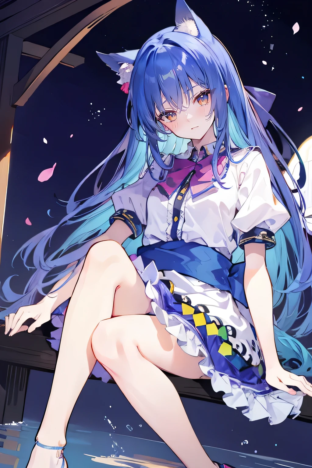 (masterpiece:1.2),ultra-detailed,realistic,expressive eyes,fair-skinned,perfectly shaped face,1girl,
Japanese cartoons,Gorgeous blue hair, flowing blue hair,floating clothes,cat ears,petals falling,beautiful Lola,Hina Angel,
hands on waist,gracefully sitting on the ground,legs crossed,gentle and serene background,cool and comfortable pavilion,night ,smile.